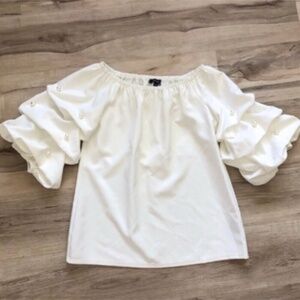 White Tiered Pearl Ruffle Sleeve Off Shoulder Roz & Ali Top